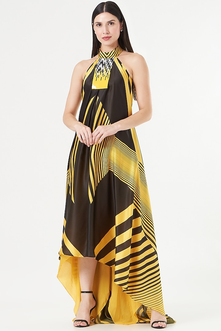 Lemon Yellow & Black Striped Halter Dress by Amit Aggarwal