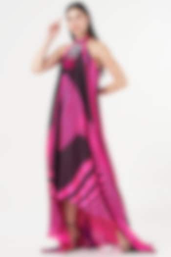 Neon Pink & Black Striped Halter Cocktail Dress by Amit Aggarwal at Pernia's Pop Up Shop