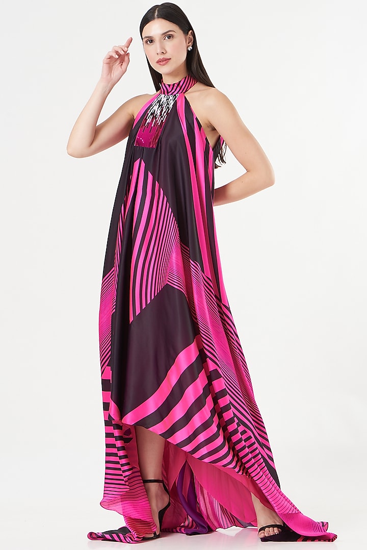 Neon Pink & Black Striped Halter Dress by Amit Aggarwal