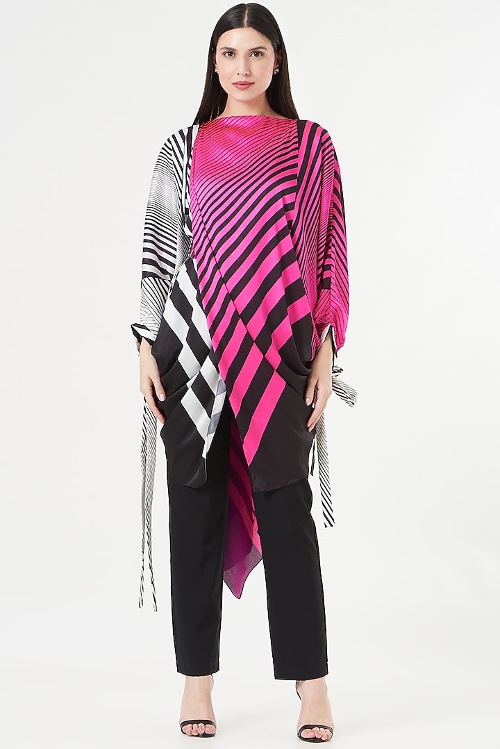 Neon Pink & Black Striped Overlap Top by Amit Aggarwal at Pernia's Pop Up Shop