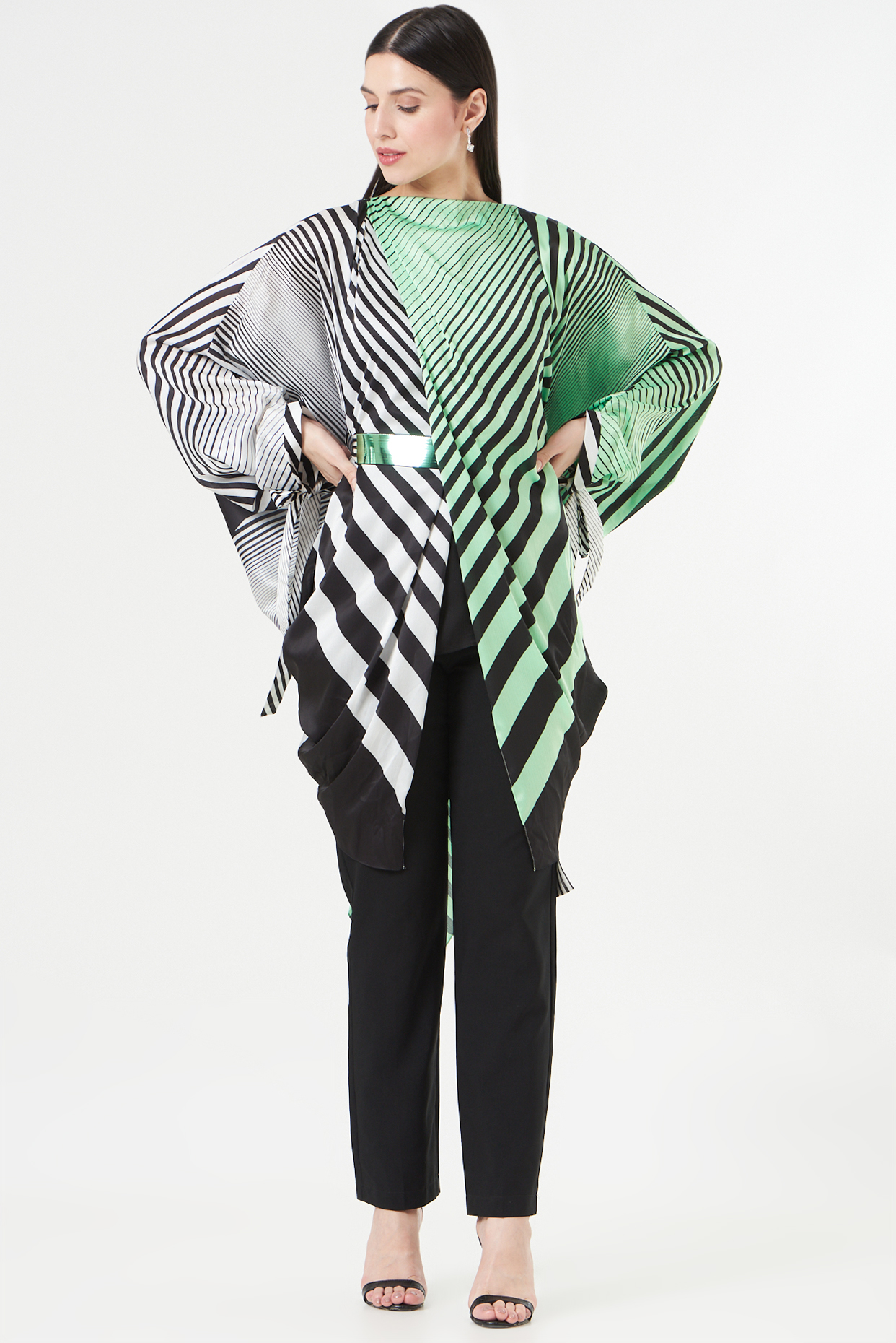 Neon Green & Black Striped Overlap Top by Amit Aggarwal at Pernia's Pop Up Shop