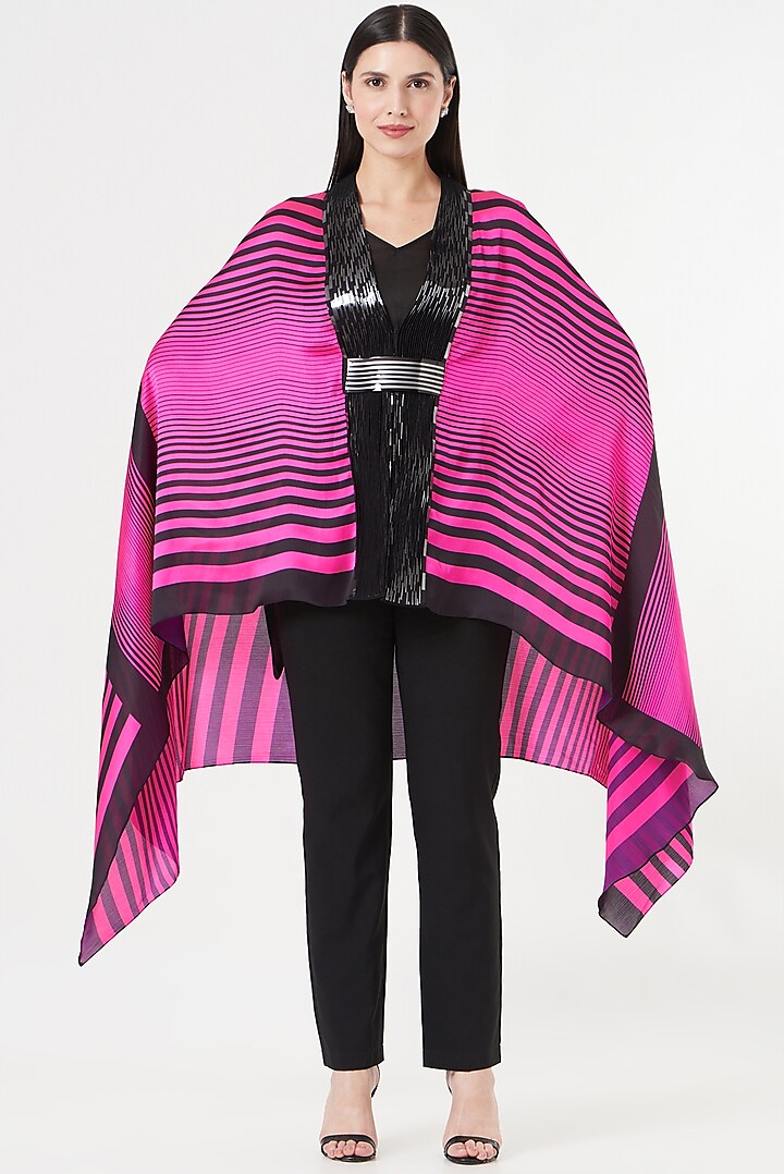Black & Neon Pink Embroidered Cape by Amit Aggarwal