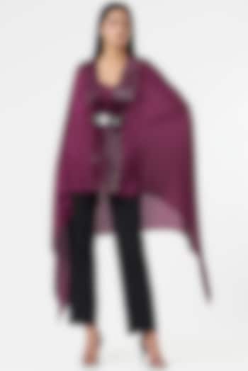 Plum Chiffon Draped Cape by Amit Aggarwal at Pernia's Pop Up Shop