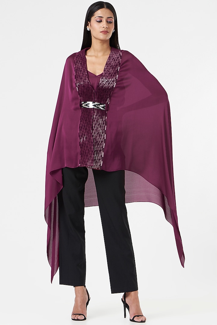 Plum Chiffon Draped Cape by Amit Aggarwal at Pernia's Pop Up Shop