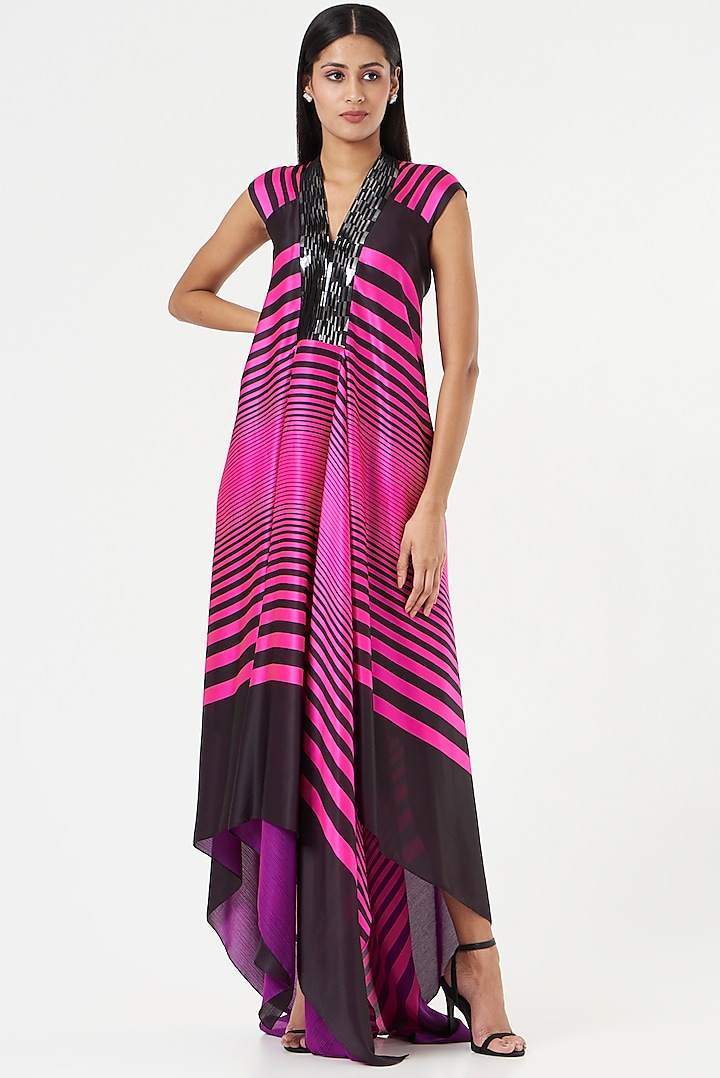 Neon Pink & Black Striped Dress by Amit Aggarwal