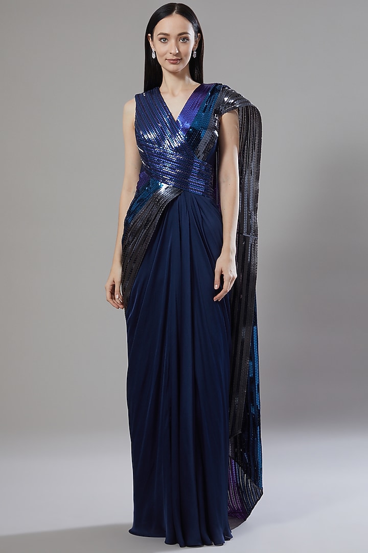 Blue & Black Pre-Draped Reception Saree Set by Amit Aggarwal at Pernia's Pop Up Shop