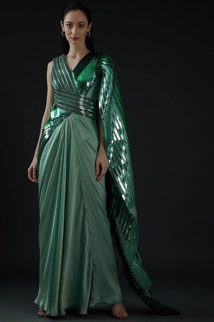 Green Chiffon & Mesh Pre-Draped Saree by Amit Aggarwal