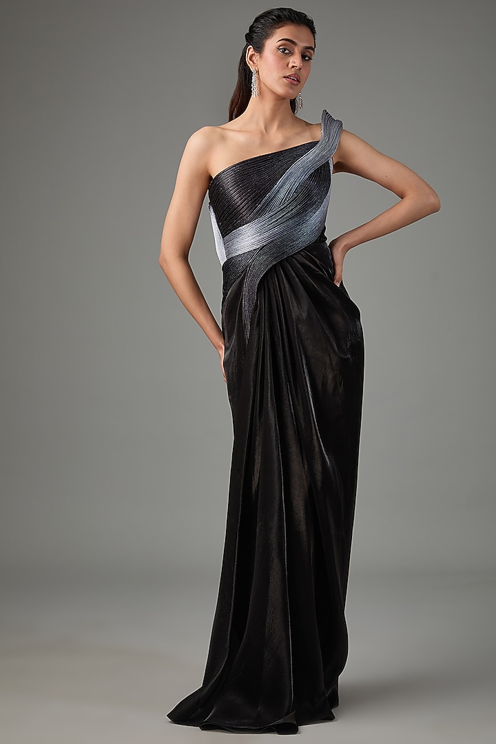 Black & Grey Metallic Polymer & Crepe Chiffon Wedding Gown by Amit Aggarwal at Pernia's Pop Up Shop