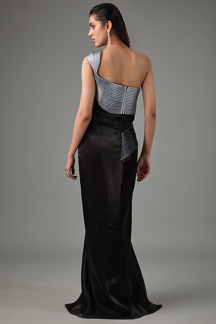 Black & Grey Metallic Polymer & Crepe Chiffon Wedding Gown by Amit Aggarwal at Pernia's Pop Up Shop