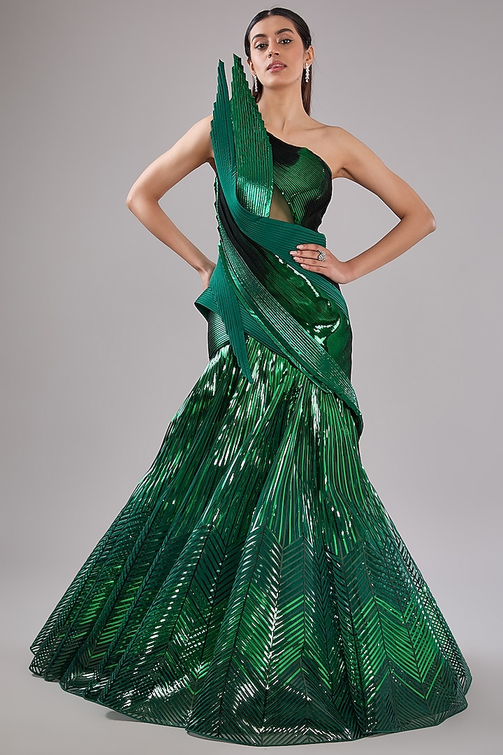 Emerald Green Metallic Polymer & Crepe Chiffon Gown by Amit Aggarwal