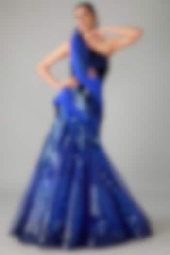 Royal Blue Metallic Polymer & Crepe Chiffon Gown by Amit Aggarwal