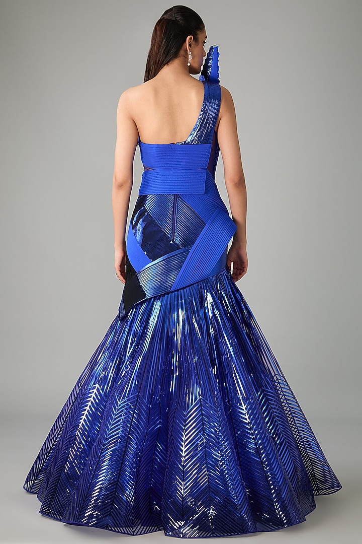 Royal Blue Metallic Polymer & Crepe Chiffon Bridal Gown by Amit Aggarwal at Pernia's Pop Up Shop