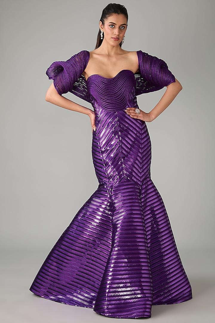 Purple Metallic Polymer & Crepe Chiffon Gown With Jacket by Amit Aggarwal