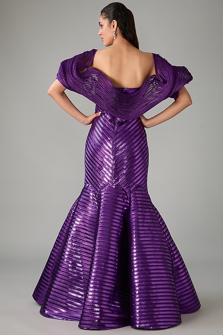Purple Metallic Polymer & Crepe Chiffon Bridal Gown With Jacket by Amit Aggarwal at Pernia's Pop Up Shop