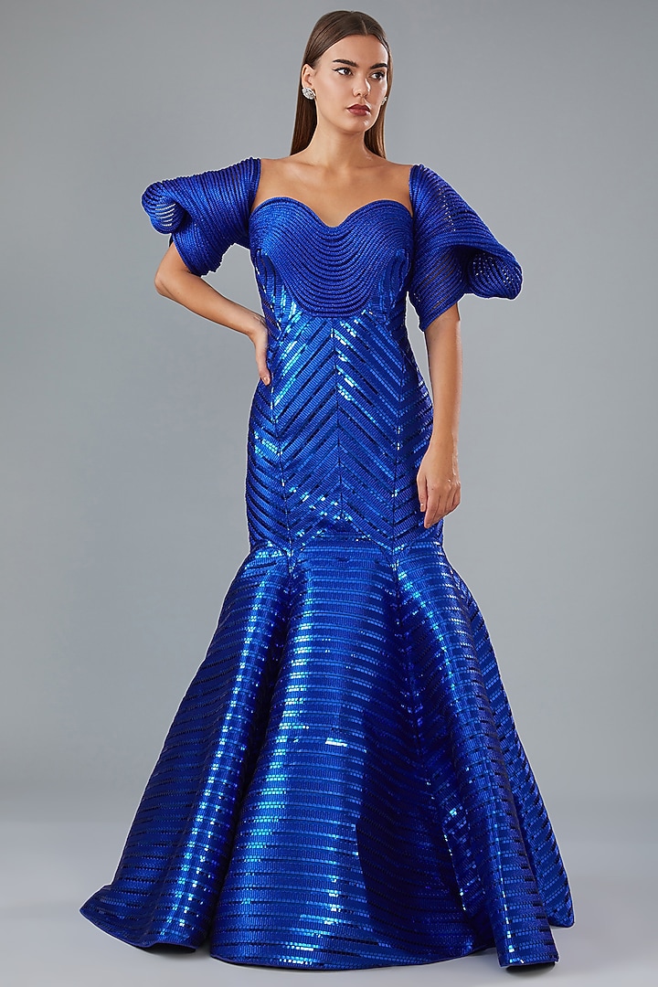 Royal Blue Metallic Polymer Bridal Gown With Cape by Amit Aggarwal at Pernia's Pop Up Shop