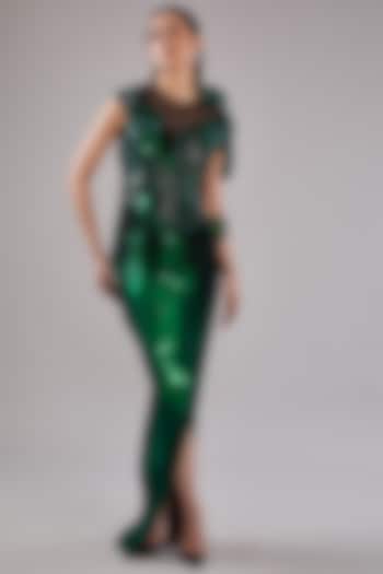 Emerald Green Metallic Polymer & Crepe Chiffon Maxi Party Wear Dress by Amit Aggarwal at Pernia's Pop Up Shop