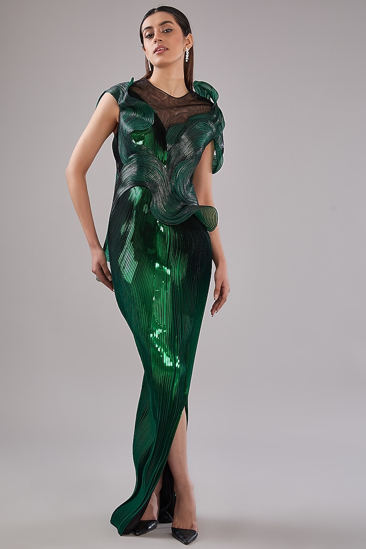 Emerald Green Metallic Polymer & Crepe Chiffon Maxi Party Wear Dress by Amit Aggarwal at Pernia's Pop Up Shop