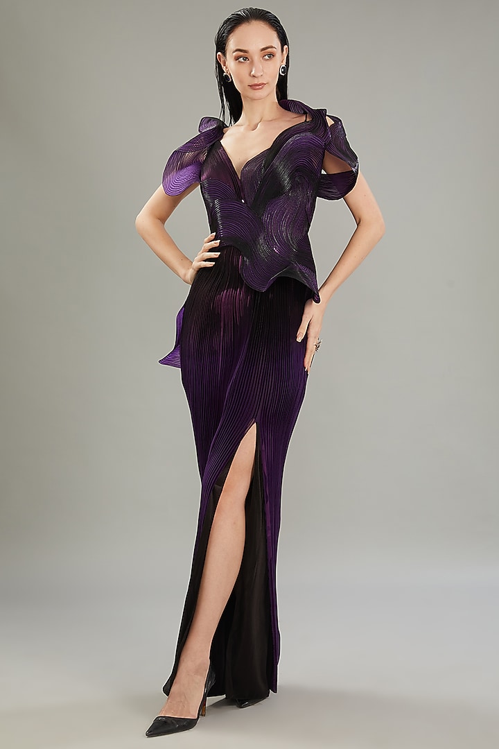 Purple Metallic Polymer & Chiffon Dress by Amit Aggarwal at Pernia's Pop Up Shop