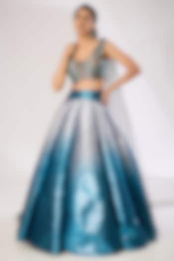 Grey & Teal Metallic Polymer Bridal Lehenga Set by Amit Aggarwal at Pernia's Pop Up Shop