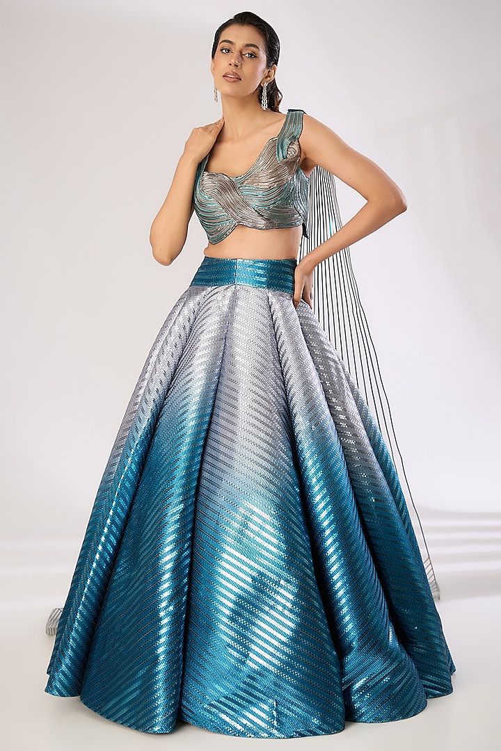 Grey & Teal Metallic Polymer Bridal Lehenga Set by Amit Aggarwal at Pernia's Pop Up Shop