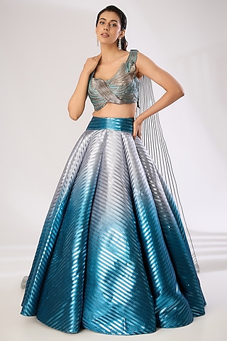 Grey & Teal Metallic Polymer Lehenga Set by Amit Aggarwal