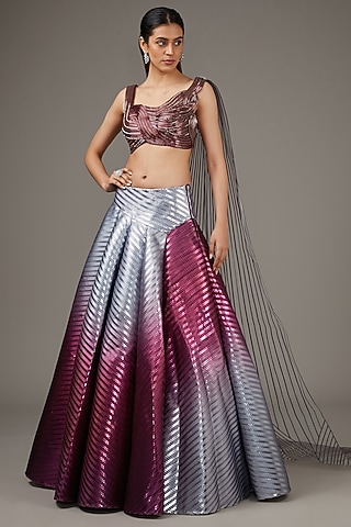 Plum & Grey Metallic Polymer Lehenga Set by Amit Aggarwal