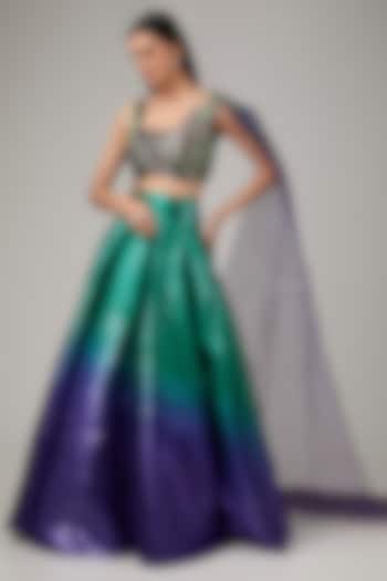 Green & Purple Metallic Polymer Bridal Lehenga Set by Amit Aggarwal at Pernia's Pop Up Shop