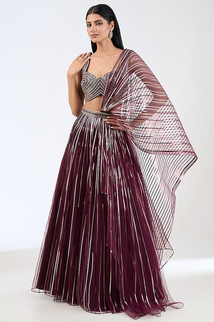 Plum Butterfly Net Bridal Lehenga Set by Amit Aggarwal at Pernia's Pop Up Shop