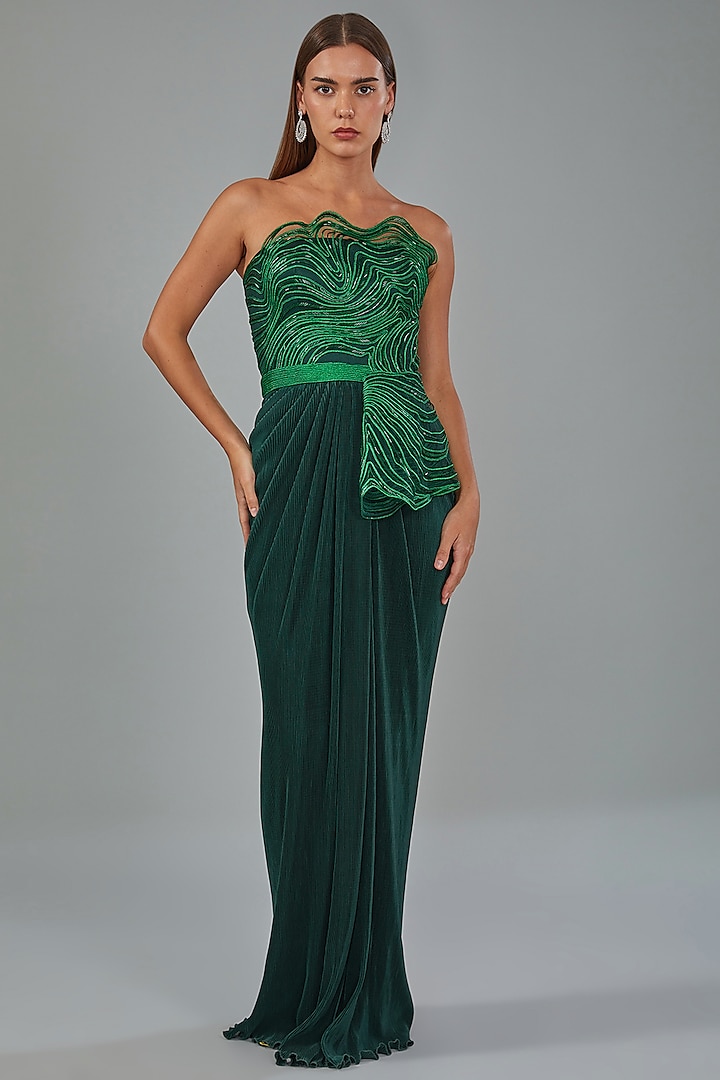 Emerald Green Metallic Polymer & Chiffon Gown by Amit Aggarwal