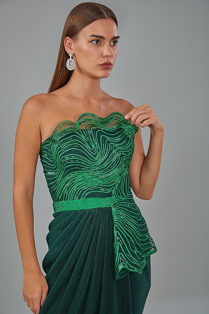 Emerald Green Metallic Polymer & Chiffon Wedding Gown by Amit Aggarwal at Pernia's Pop Up Shop
