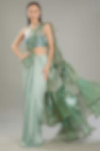 Mint & Silver Metallic Polymer Pre-Stitched Bridal Saree Set by Amit Aggarwal at Pernia's Pop Up Shop