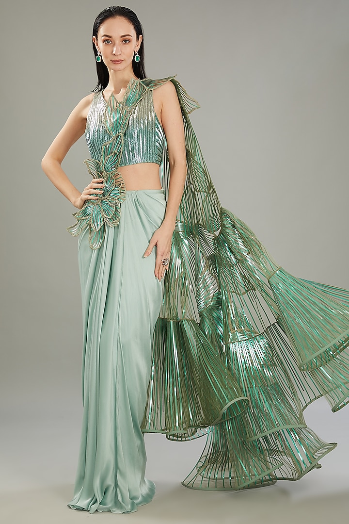 Mint & Silver Metallic Polymer Pre-Stitched Bridal Saree Set by Amit Aggarwal at Pernia's Pop Up Shop