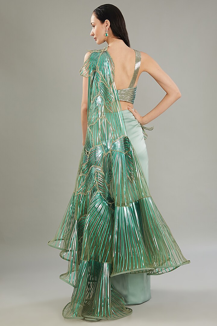 Mint & Silver Metallic Polymer Pre-Stitched Bridal Saree Set by Amit Aggarwal at Pernia's Pop Up Shop