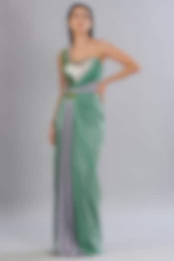 Mint & Grey Metallic Polymer Moulded Draped Wedding Gown by Amit Aggarwal at Pernia's Pop Up Shop