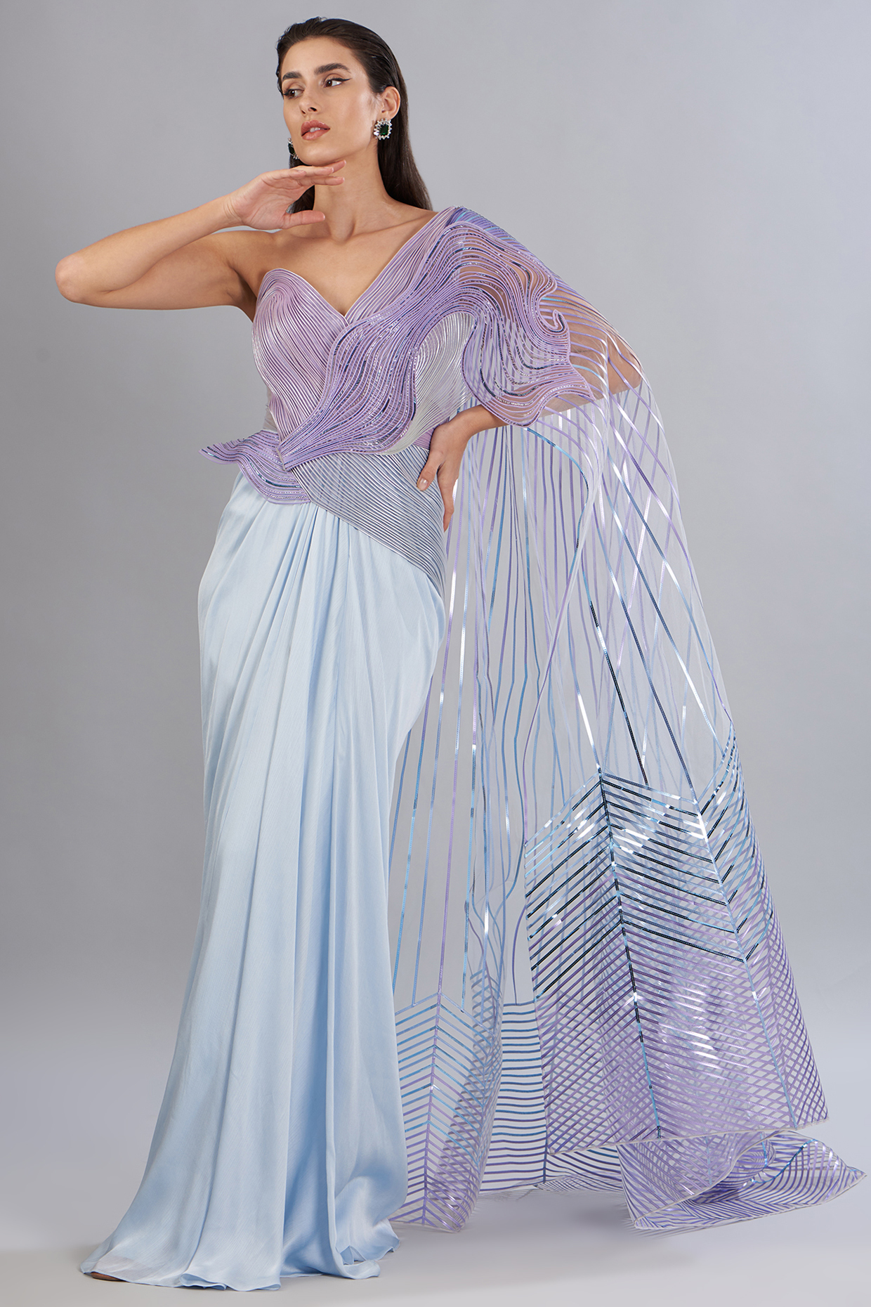 Lilac & Ice Blue Metallic Polymer Wedding Gown by Amit Aggarwal at Pernia's Pop Up Shop