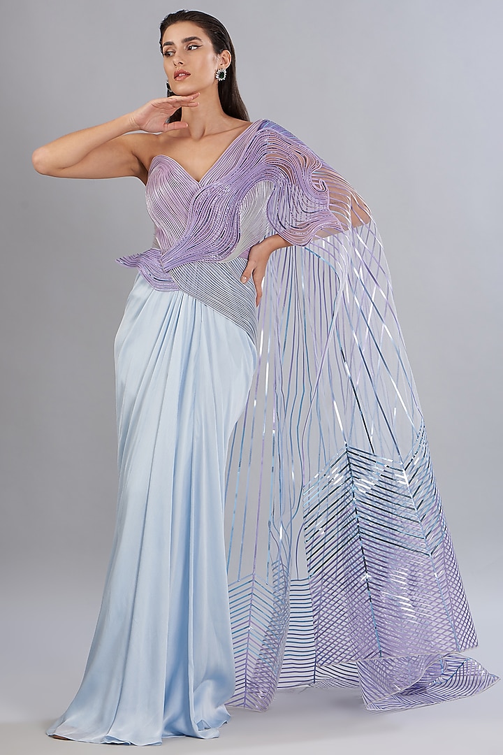 Lilac & Ice Blue Metallic Polymer Wedding Gown by Amit Aggarwal at Pernia's Pop Up Shop