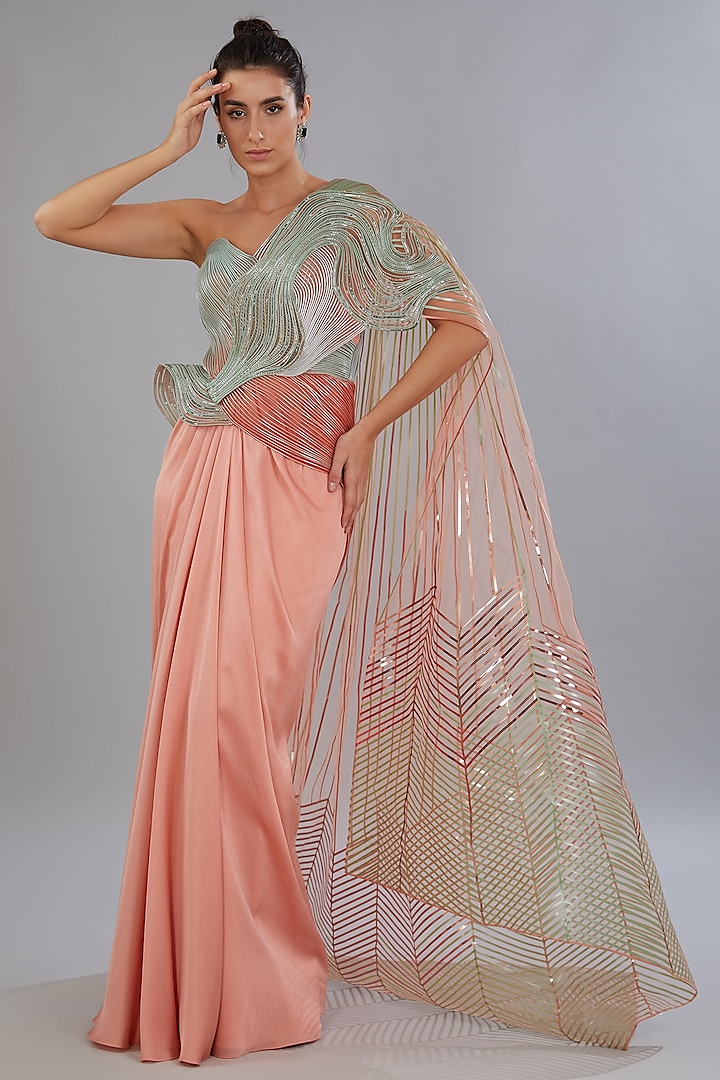 Blush & Mint Blue Metallic Polymer Wedding Gown by Amit Aggarwal at Pernia's Pop Up Shop