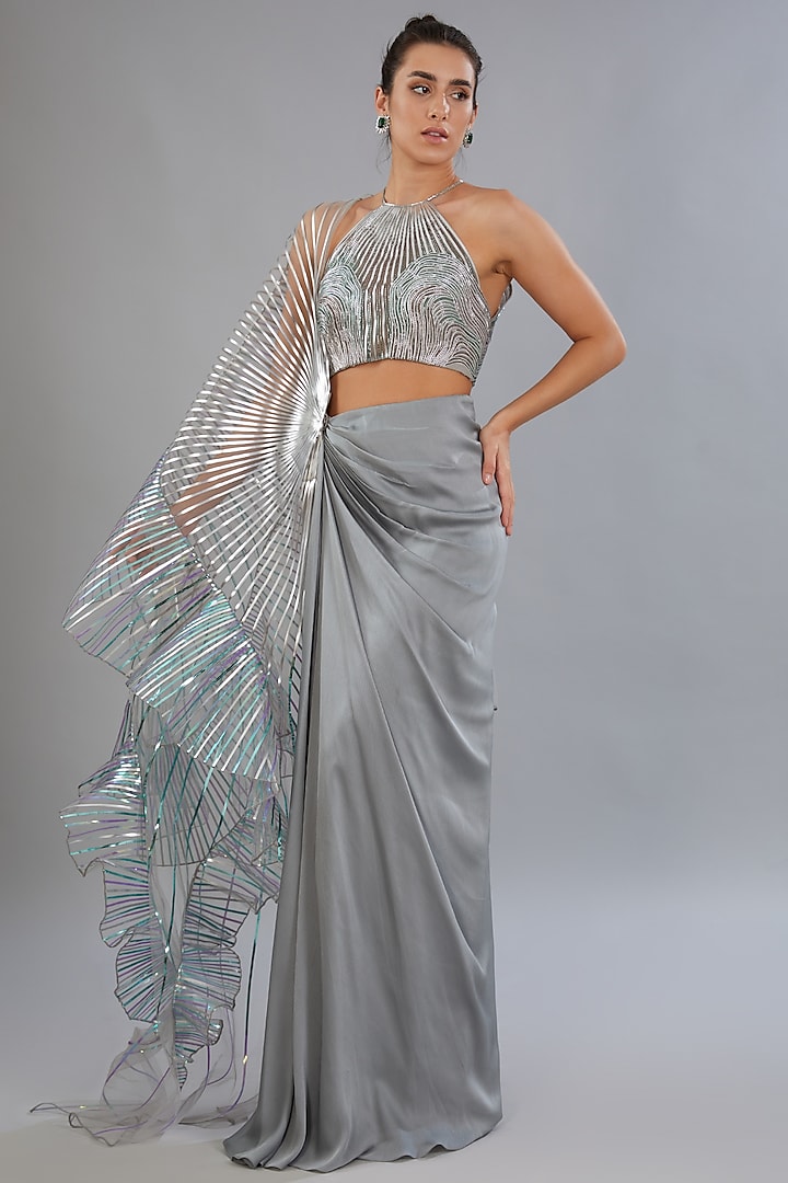 Silver Satin Bridal Lehenga Set by Amit Aggarwal at Pernia's Pop Up Shop
