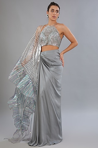 Silver Satin Lehenga Set by Amit Aggarwal