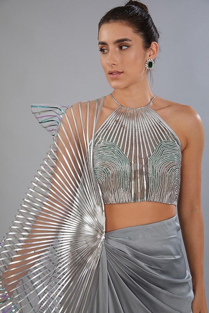 Silver Satin Bridal Lehenga Set by Amit Aggarwal at Pernia's Pop Up Shop