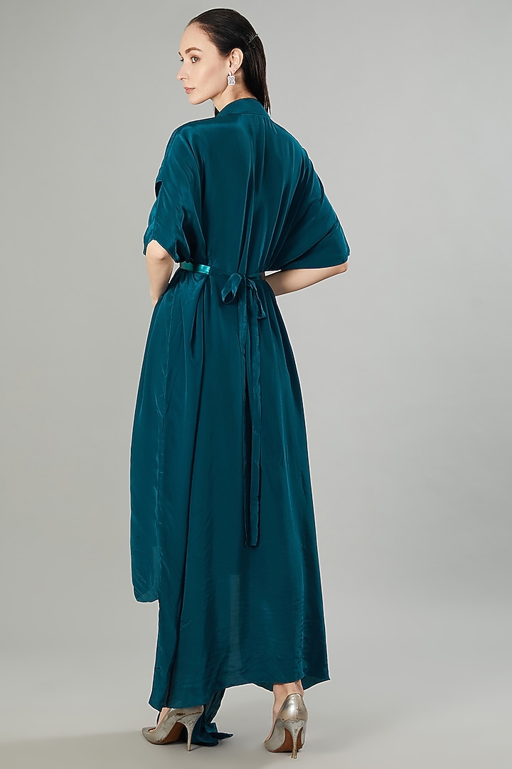 Teal Crepe Chiffon & Metallic Polymer Midi Cocktail Dress by Amit Aggarwal at Pernia's Pop Up Shop