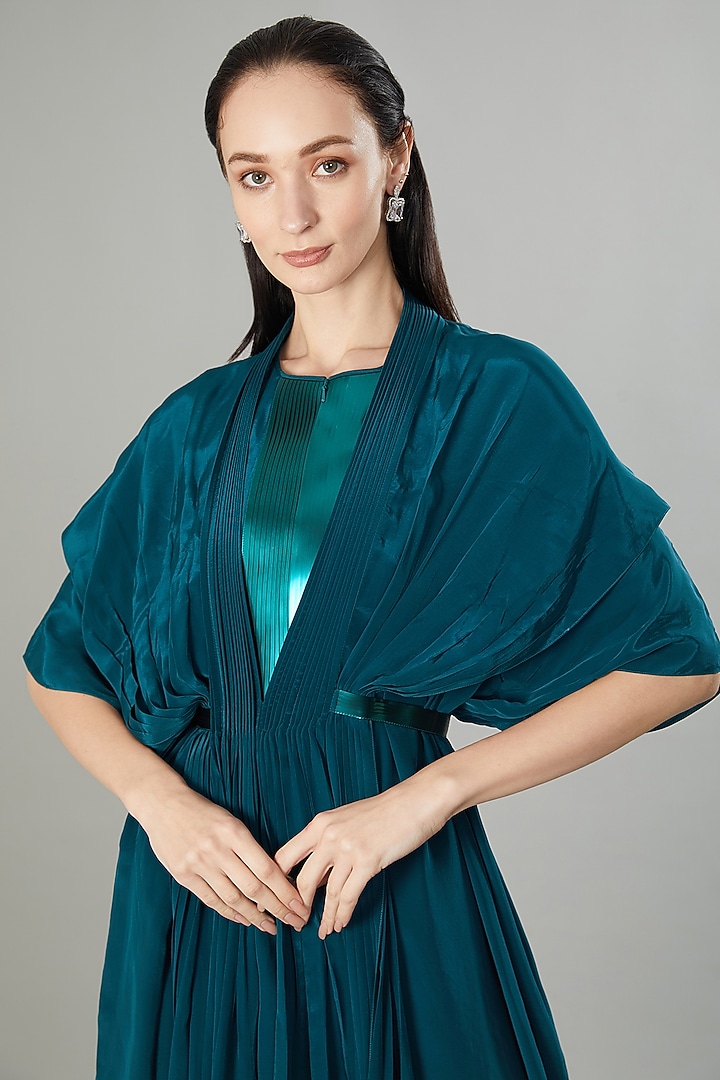 Teal Crepe Chiffon & Metallic Polymer Midi Cocktail Dress by Amit Aggarwal at Pernia's Pop Up Shop