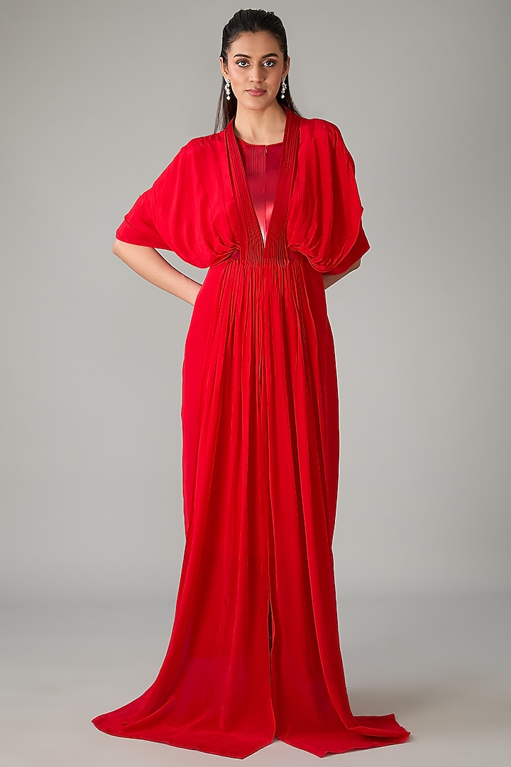 Red Metallic Polymer & Crepe Chiffon Gown by Amit Aggarwal