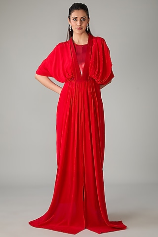Red Metallic Polymer & Crepe Chiffon Gown by Amit Aggarwal