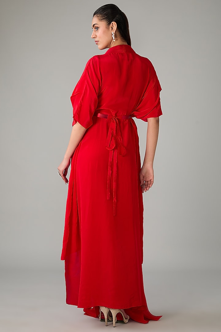 Red Metallic Polymer Crepe Chiffon Gown by Amit Aggarwal at