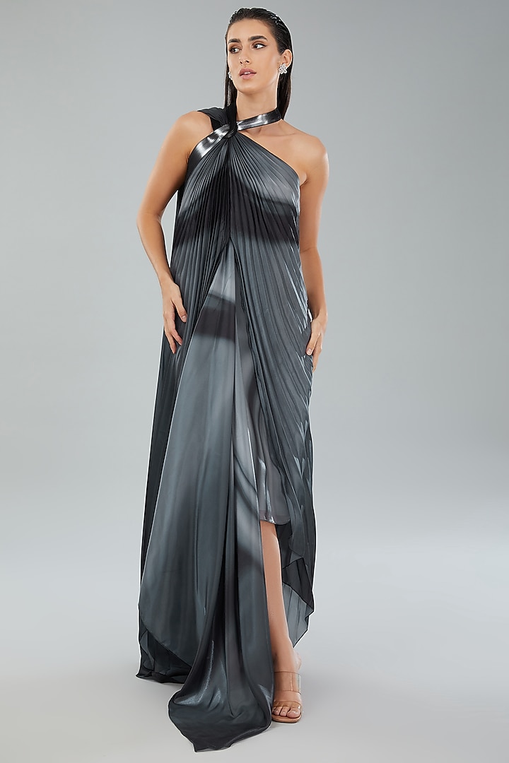 Black Grey Metallic Polymer & Chiffon Gown by Amit Aggarwal