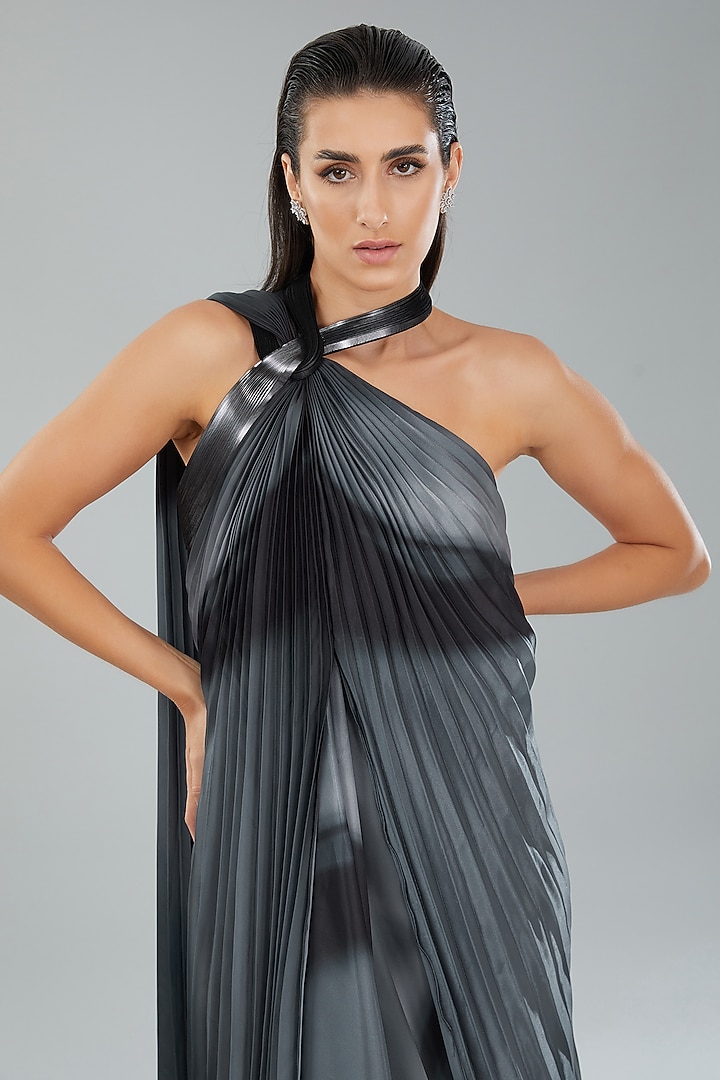 Black Grey Metallic Polymer & Chiffon Engagement Gown by Amit Aggarwal at Pernia's Pop Up Shop