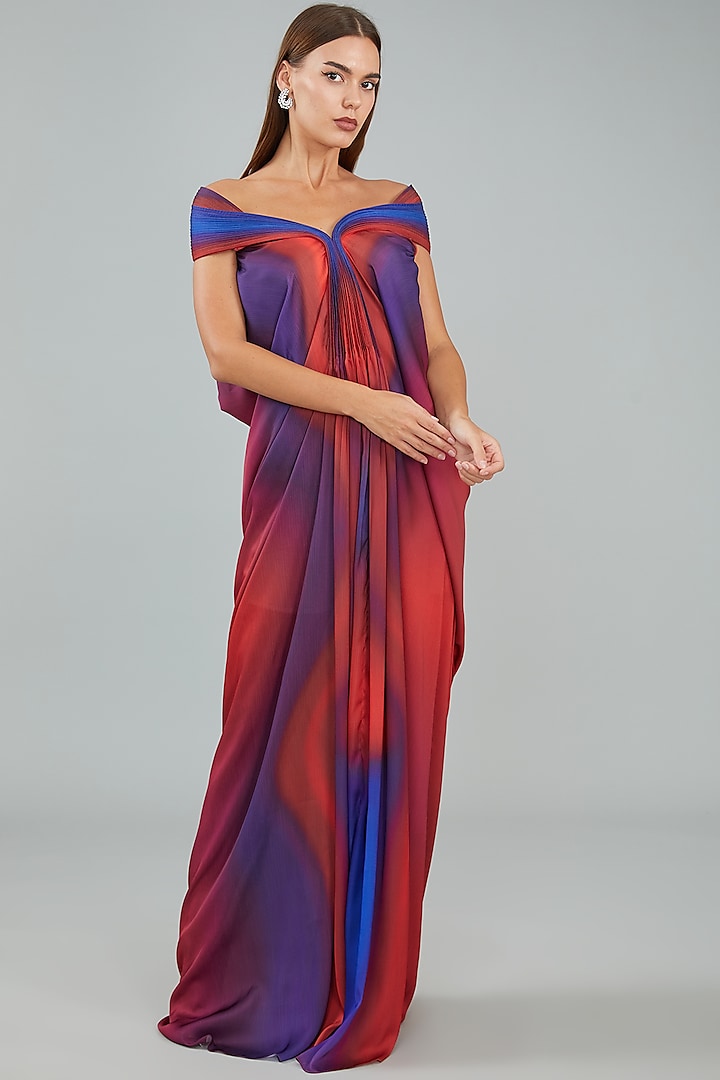Red & Blue Chiffon Gown by Amit Aggarwal