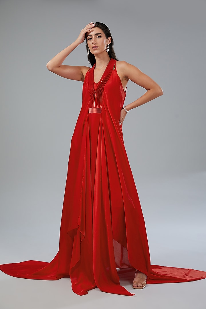 Red Chiffon Gown by Amit Aggarwal