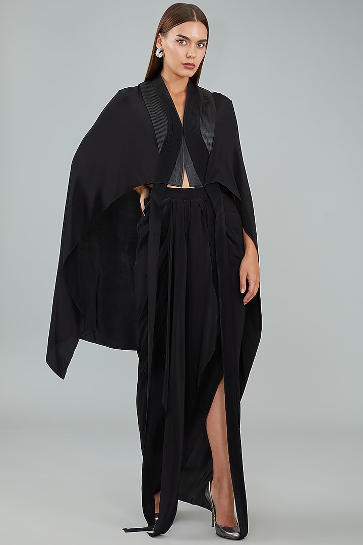 Black Metallic Polymer & Chiffon Skirt Set by Amit Aggarwal at Pernia's Pop Up Shop